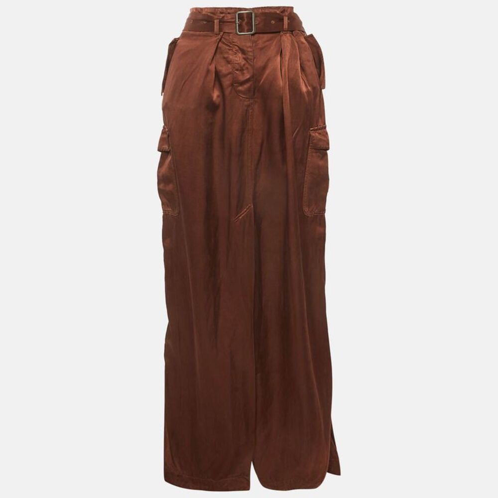 Dries Van Noten Brown Satin Belted Maxi Skirt Xl